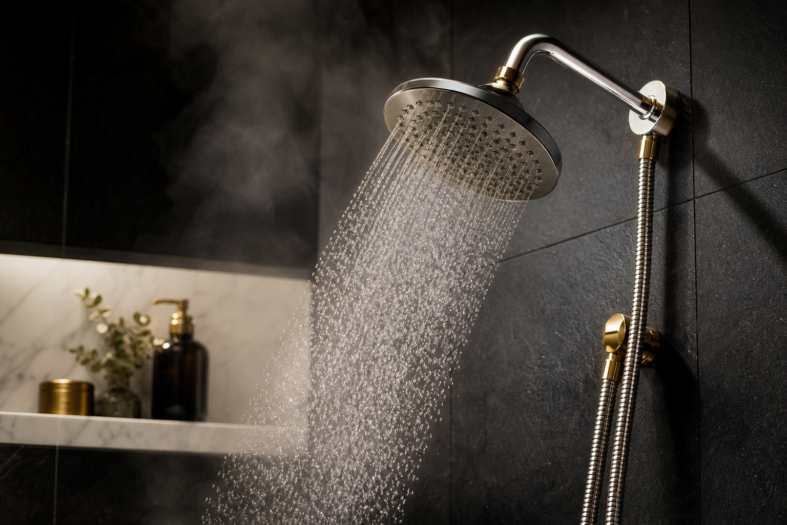 Shower and flowing water — flexibles and bath hardware.